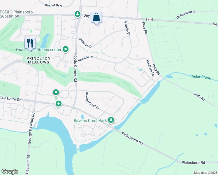map of restaurants, bars, coffee shops, grocery stores, and more near 2303 Ravens Crest Drive in Princeton Meadows