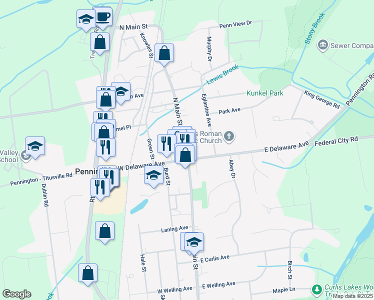 map of restaurants, bars, coffee shops, grocery stores, and more near 28 North Main Street in Pennington