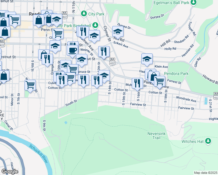 map of restaurants, bars, coffee shops, grocery stores, and more near 417 South 14th Street in Reading