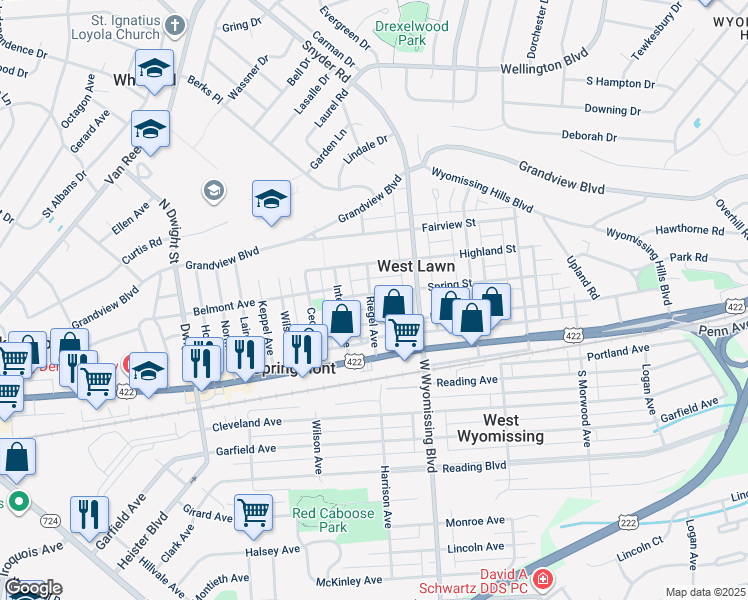 map of restaurants, bars, coffee shops, grocery stores, and more near 2335 Spring Street in West Lawn