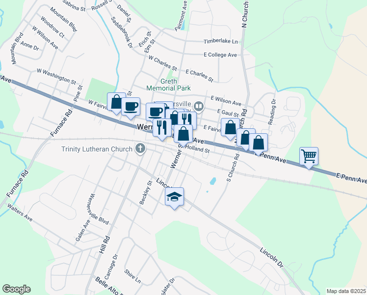 map of restaurants, bars, coffee shops, grocery stores, and more near 60 East Penn Avenue in Wernersville