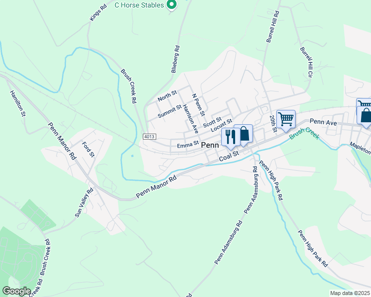 map of restaurants, bars, coffee shops, grocery stores, and more near 704 Emma Street in Penn