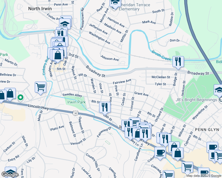 map of restaurants, bars, coffee shops, grocery stores, and more near 712 Pine Street in Irwin