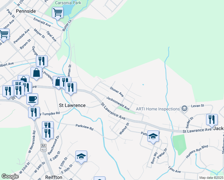 map of restaurants, bars, coffee shops, grocery stores, and more near 3408 Stoner Avenue in Reading