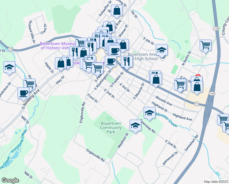 map of restaurants, bars, coffee shops, grocery stores, and more near 132 South Franklin Street in Boyertown