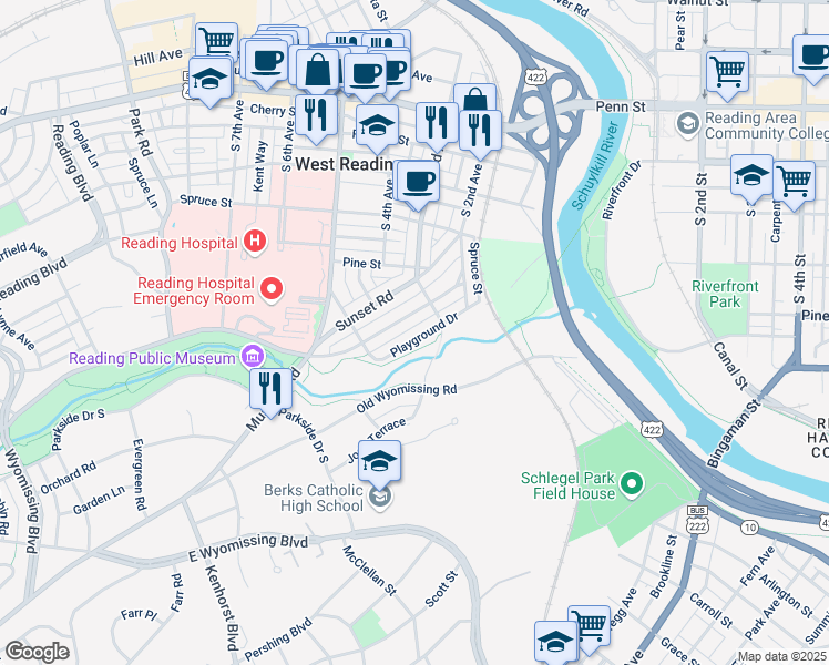 map of restaurants, bars, coffee shops, grocery stores, and more near 324 Playground Drive in West Reading