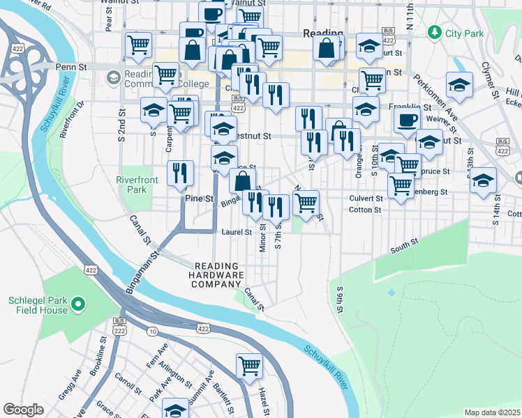 map of restaurants, bars, coffee shops, grocery stores, and more near 612 Pine Street in Reading