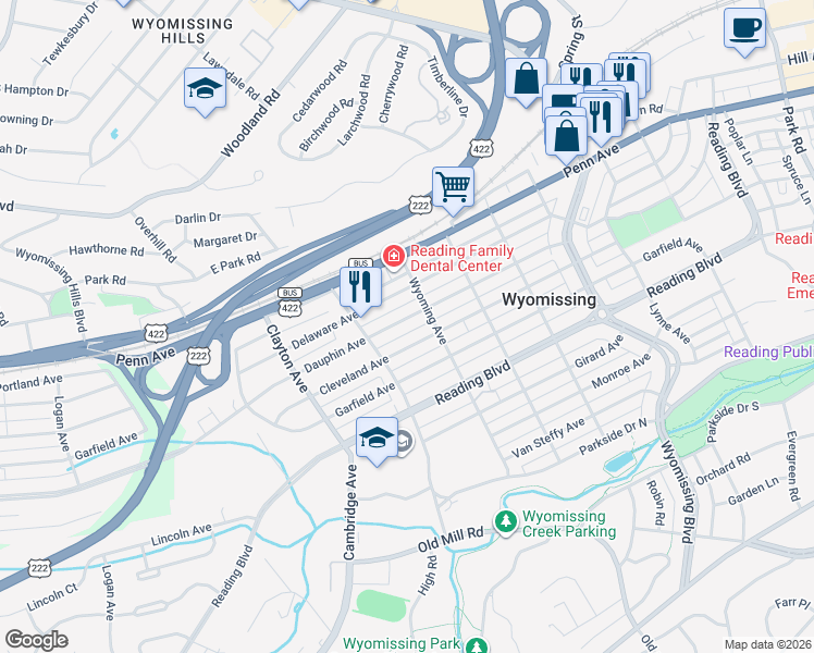 map of restaurants, bars, coffee shops, grocery stores, and more near 1512 Dauphin Avenue in Wyomissing