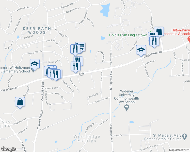 map of restaurants, bars, coffee shops, grocery stores, and more near 2405 Linglestown Road in Harrisburg