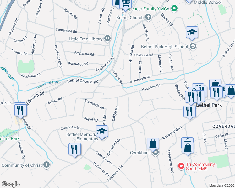 map of restaurants, bars, coffee shops, grocery stores, and more near 3214 Eastview Road in Bethel Park