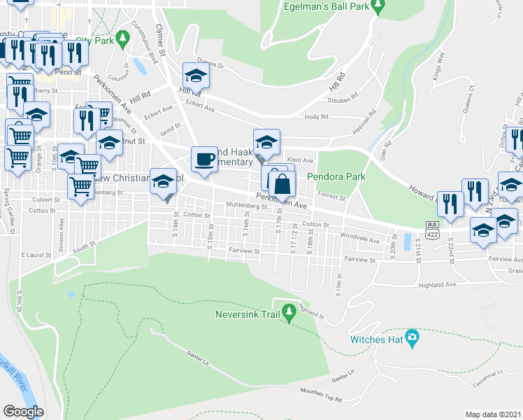 map of restaurants, bars, coffee shops, grocery stores, and more near 1632 Muhlenberg Street in Reading