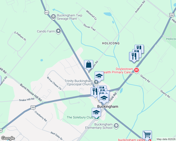 map of restaurants, bars, coffee shops, grocery stores, and more near 4820 Anderson Road in Doylestown