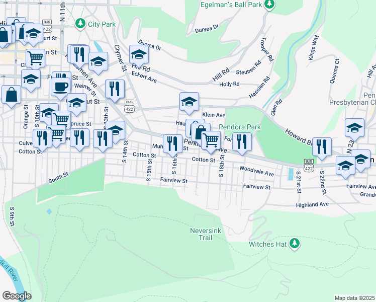map of restaurants, bars, coffee shops, grocery stores, and more near 1638 Muhlenberg Street in Reading