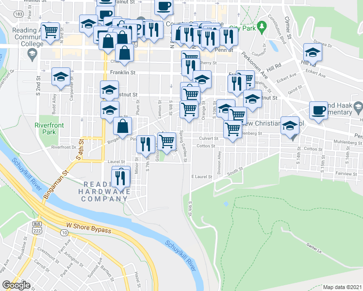 map of restaurants, bars, coffee shops, grocery stores, and more near 446 Spring Garden Street in Reading