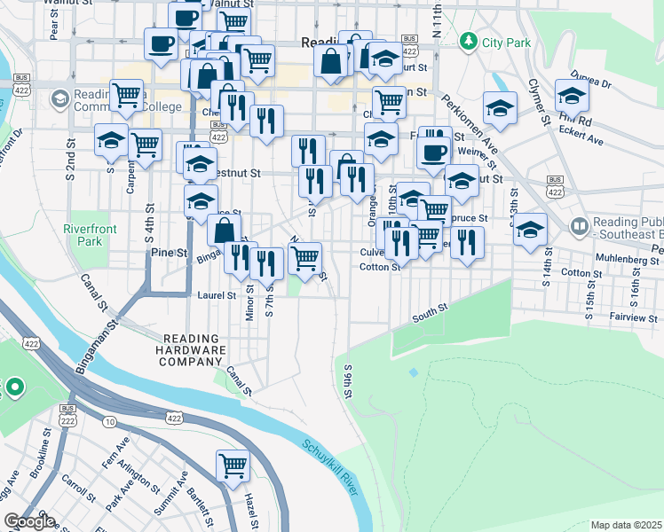 map of restaurants, bars, coffee shops, grocery stores, and more near 446 Spring Garden Street in Reading