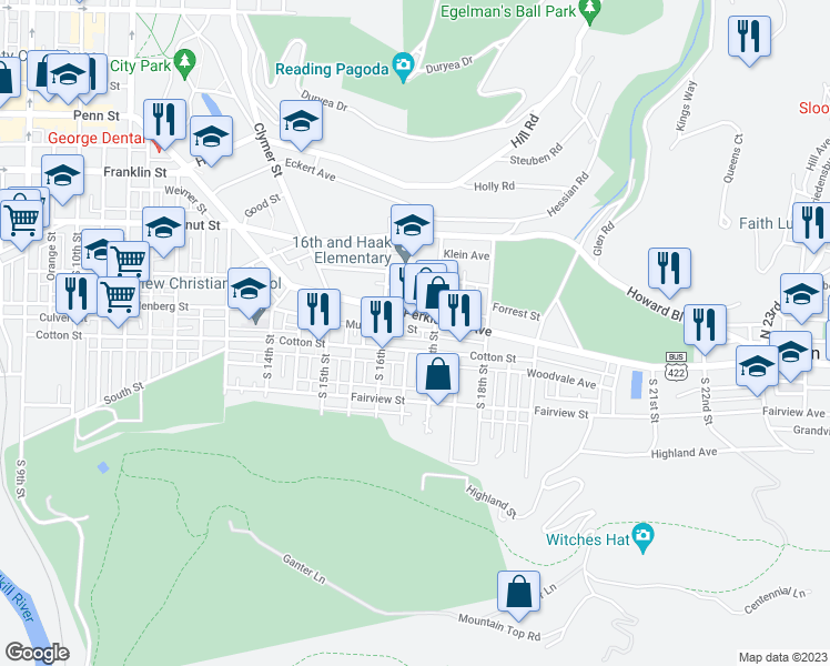 map of restaurants, bars, coffee shops, grocery stores, and more near 1648 Muhlenberg Street in Reading