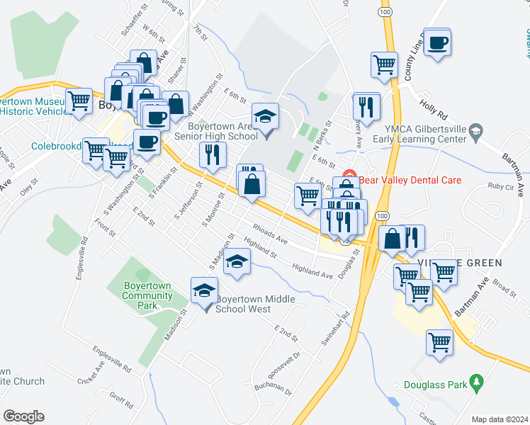 map of restaurants, bars, coffee shops, grocery stores, and more near 633 East Philadelphia Avenue in Boyertown