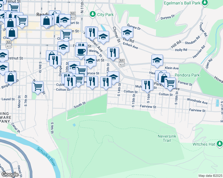 map of restaurants, bars, coffee shops, grocery stores, and more near 1321 Cotton Street in Reading