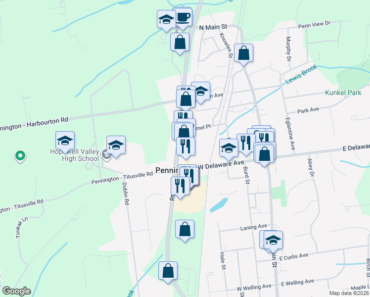 map of restaurants, bars, coffee shops, grocery stores, and more near 7 New Jersey 31 in Pennington