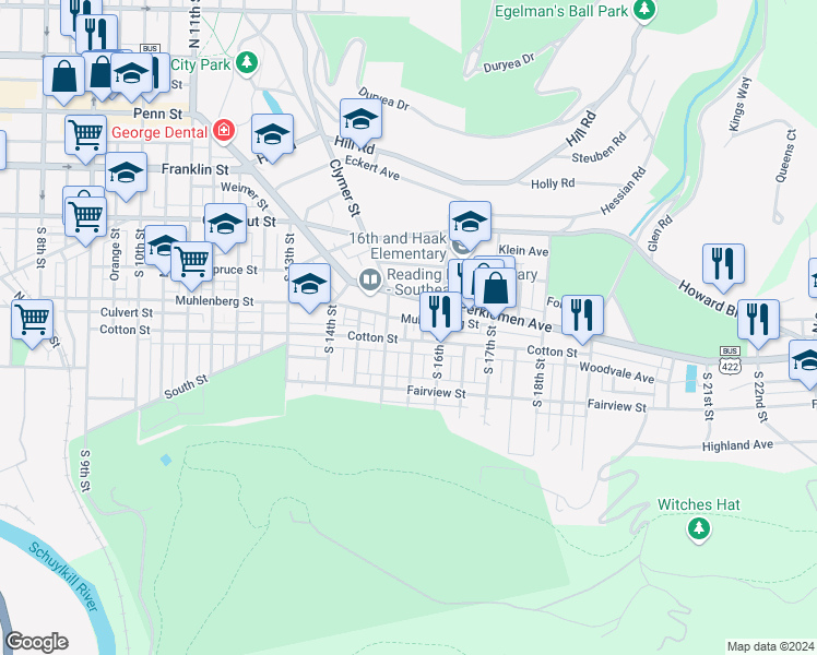 map of restaurants, bars, coffee shops, grocery stores, and more near 415 Rehr Street in Reading