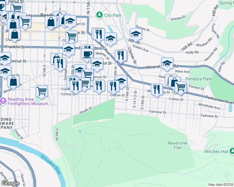 map of restaurants, bars, coffee shops, grocery stores, and more near 421 South 13th Street in Reading
