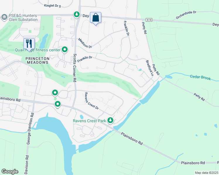 map of restaurants, bars, coffee shops, grocery stores, and more near 2303 Ravens Crest Drive in Princeton Meadows