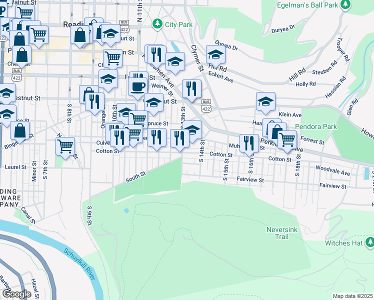 map of restaurants, bars, coffee shops, grocery stores, and more near 1313 Cotton Street in Reading