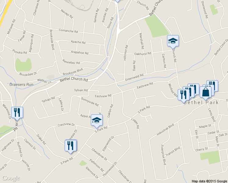 map of restaurants, bars, coffee shops, grocery stores, and more near 3214 Eastview Road in Bethel Park