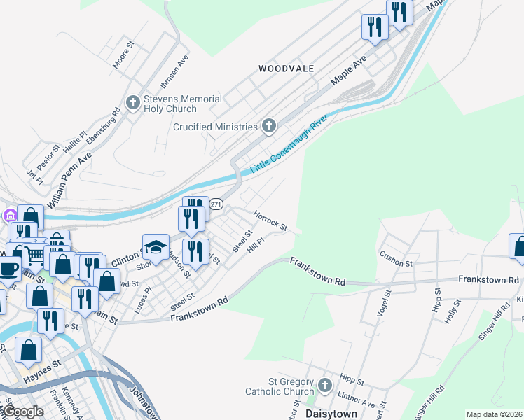 map of restaurants, bars, coffee shops, grocery stores, and more near 1110-1198 Ridge Avenue in Johnstown
