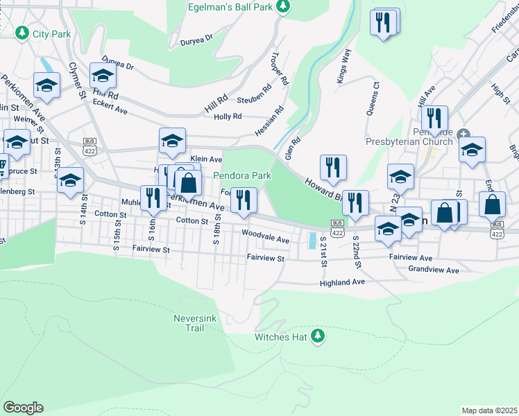 map of restaurants, bars, coffee shops, grocery stores, and more near 11 South 19th Street in Reading