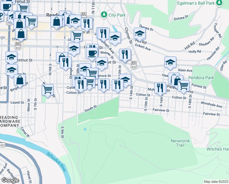 map of restaurants, bars, coffee shops, grocery stores, and more near 1251 Cotton Street in Reading