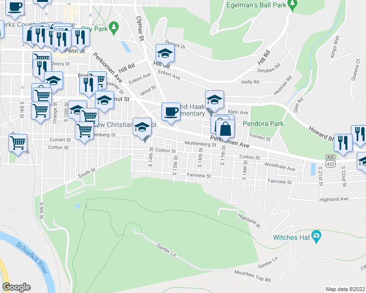 map of restaurants, bars, coffee shops, grocery stores, and more near 414 Rehr Street in Reading