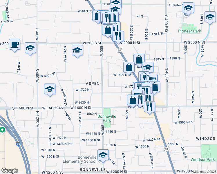 map of restaurants, bars, coffee shops, grocery stores, and more near North 760 West in Orem