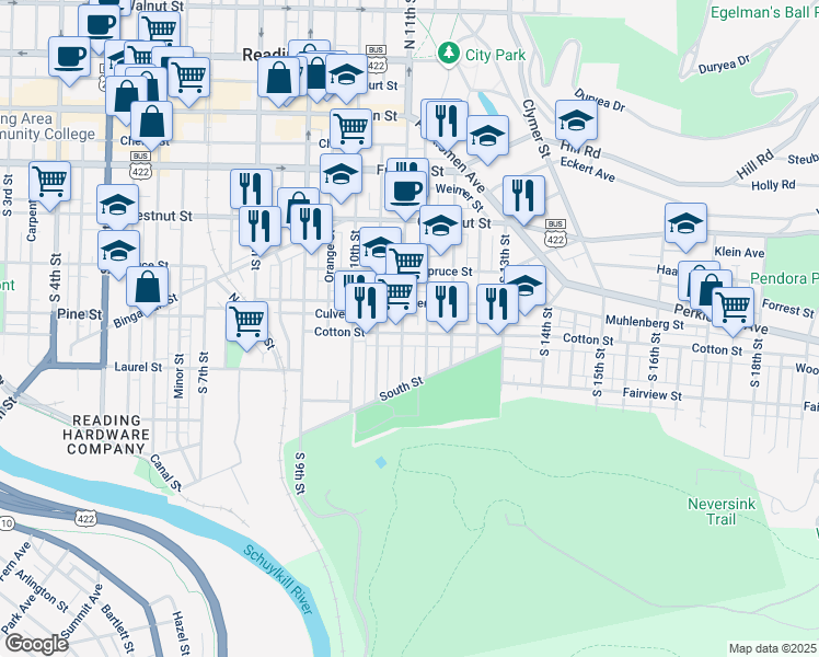 map of restaurants, bars, coffee shops, grocery stores, and more near in Reading