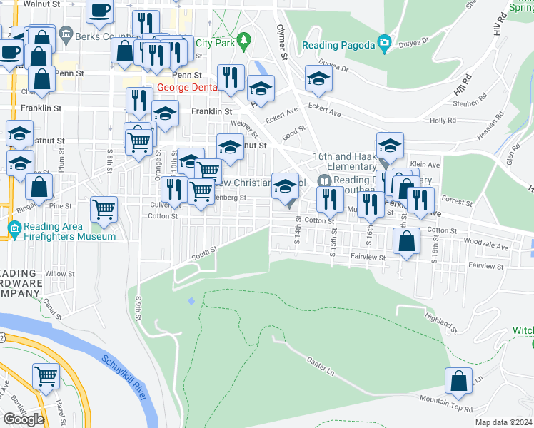 map of restaurants, bars, coffee shops, grocery stores, and more near 1269 Cotton Street in Reading