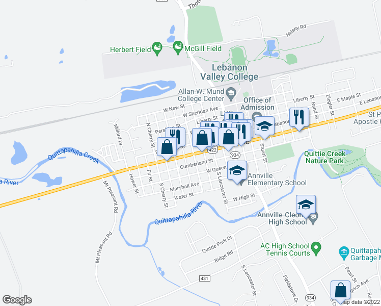 map of restaurants, bars, coffee shops, grocery stores, and more near 203 West Main Street in Annville