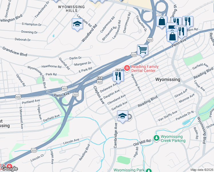 map of restaurants, bars, coffee shops, grocery stores, and more near 1614 Penn Avenue in Wyomissing