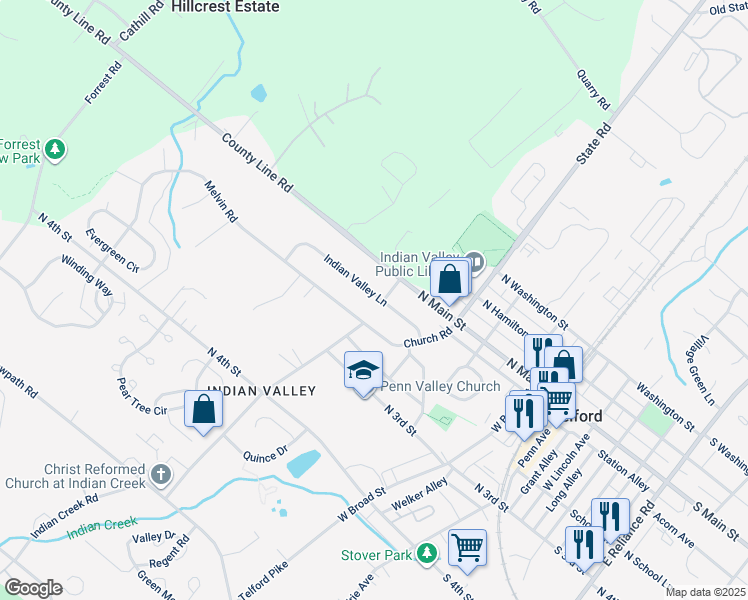 map of restaurants, bars, coffee shops, grocery stores, and more near 18 Indian Valley Lane in Telford