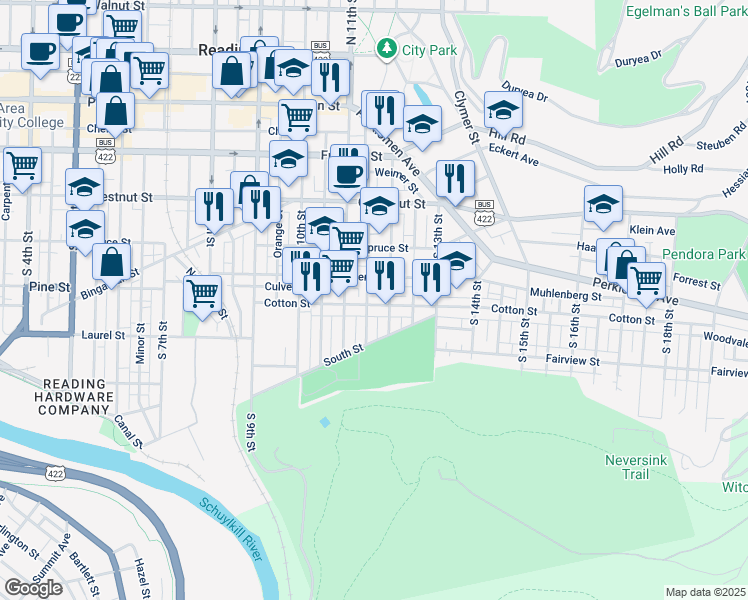 map of restaurants, bars, coffee shops, grocery stores, and more near 1147 Cotton Street in Reading