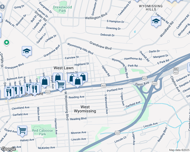 map of restaurants, bars, coffee shops, grocery stores, and more near 2033 Noble Street in West Lawn