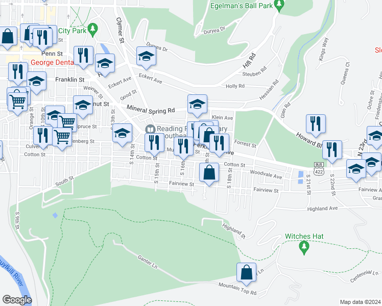 map of restaurants, bars, coffee shops, grocery stores, and more near 1620 Muhlenberg Street in Reading
