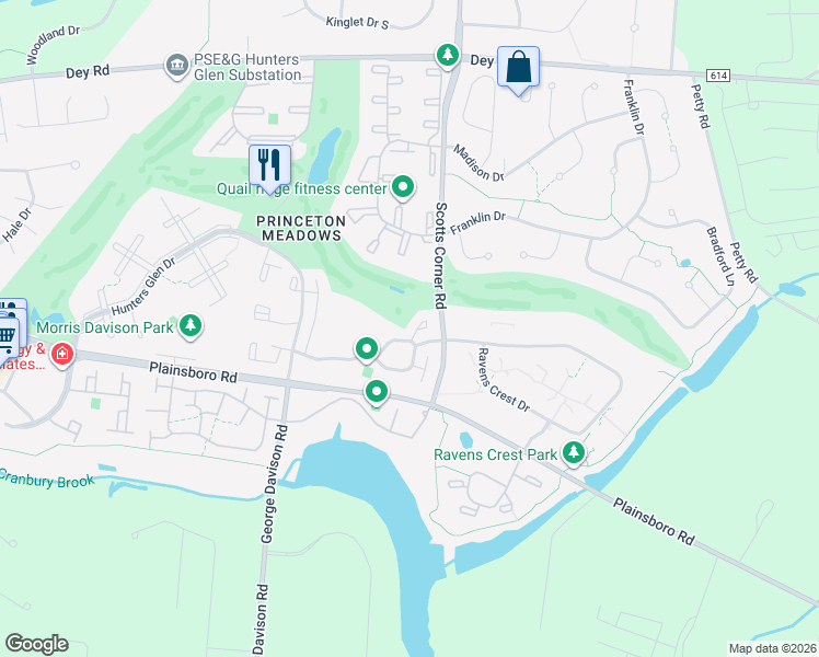 map of restaurants, bars, coffee shops, grocery stores, and more near 93 Hampshire Drive in Princeton Meadows