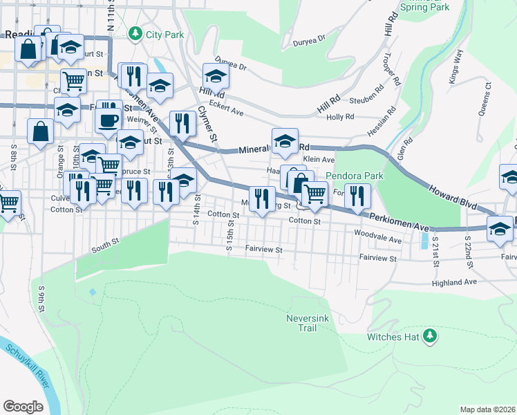 map of restaurants, bars, coffee shops, grocery stores, and more near 401 Rehr Street in Reading