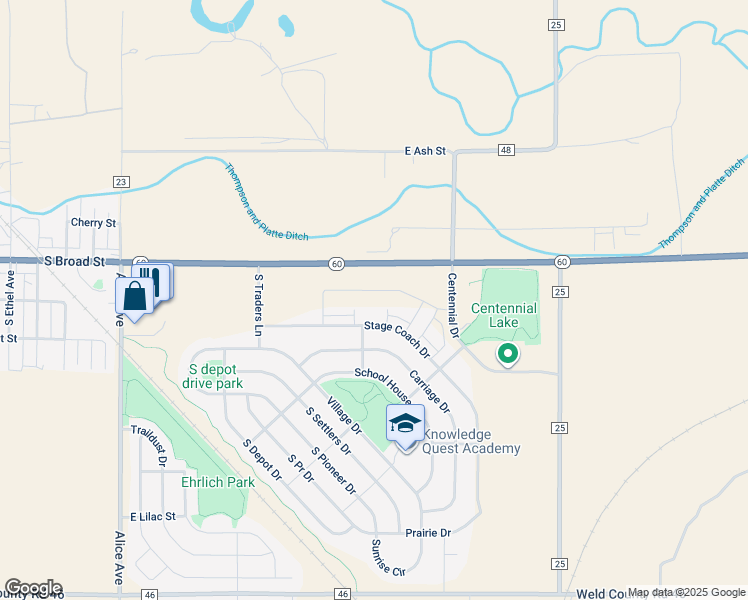 map of restaurants, bars, coffee shops, grocery stores, and more near 2421 Stage Coach Drive in Milliken