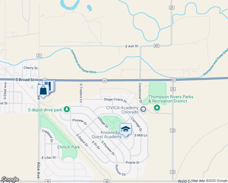 map of restaurants, bars, coffee shops, grocery stores, and more near 2421 Stage Coach Drive in Milliken