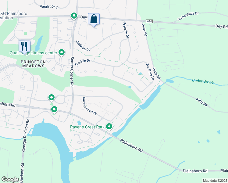 map of restaurants, bars, coffee shops, grocery stores, and more near 2303 Ravens Crest Drive in Princeton Meadows