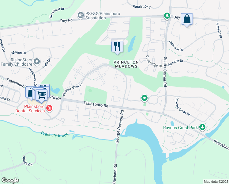 map of restaurants, bars, coffee shops, grocery stores, and more near 7803 Tamarron Drive in Princeton Meadows
