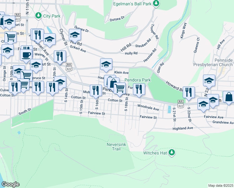 map of restaurants, bars, coffee shops, grocery stores, and more near 1700 Perkiomen Avenue in Reading
