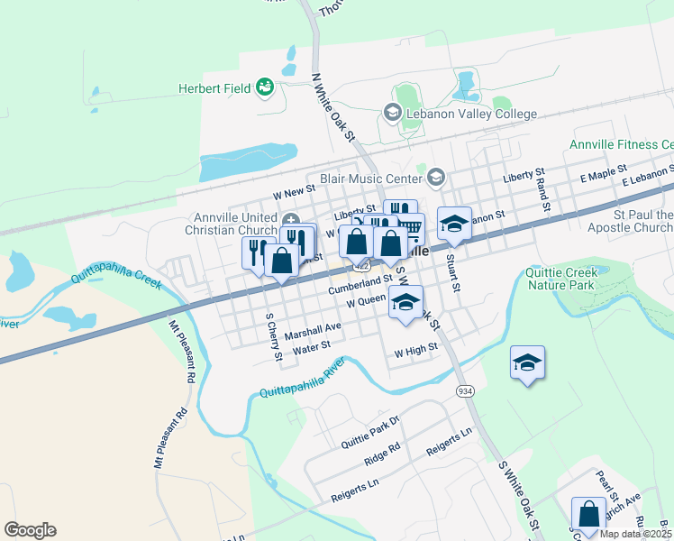 map of restaurants, bars, coffee shops, grocery stores, and more near 125 West Main Street in Annville