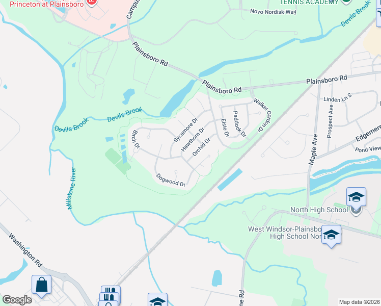 map of restaurants, bars, coffee shops, grocery stores, and more near 25 Orchid Drive in Plainsboro Township